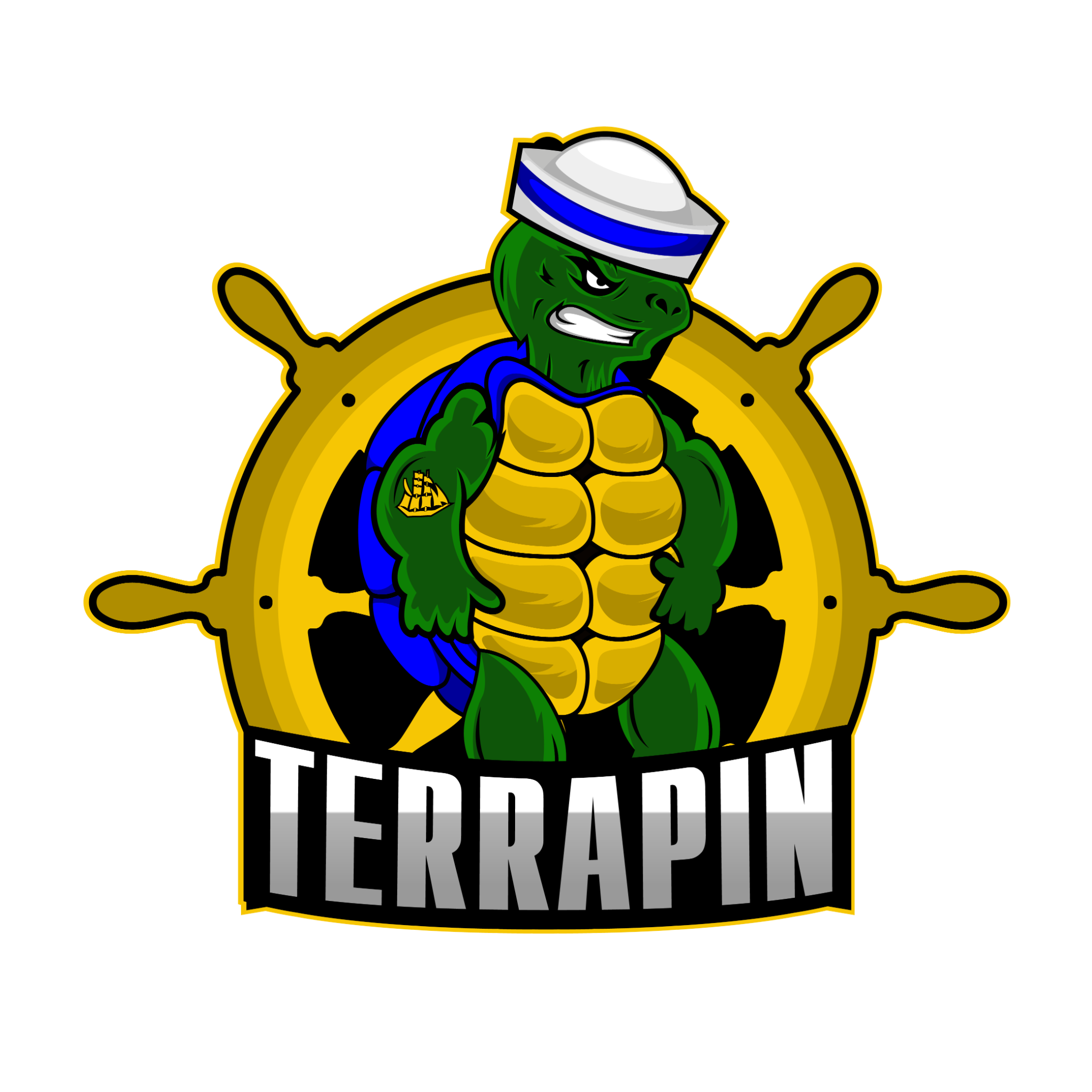 Terrapin turtle wearing a sailor cap before a gold ship's wheel